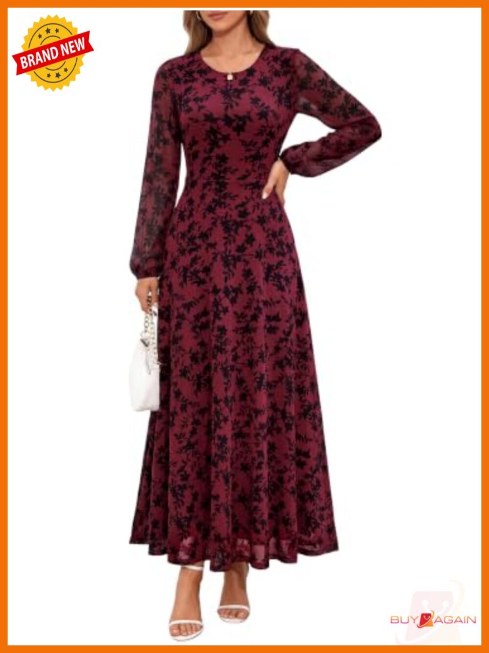 Women's Floral Mesh Maxi Dress Long Sleeve Crew Neck Formal Semi Formal